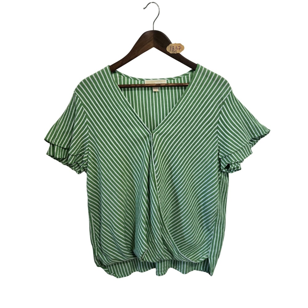 Michael Michael Kors Womens XL Green White Striped Ruffle Sleeve Surplice Blouse